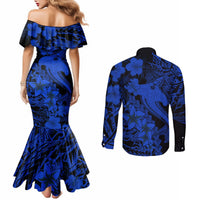 aloha-hawaii-couples-matching-mermaid-dress-and-long-sleeve-button-shirts-hammerhead-shark-tattoo-polynesian-summer-blue