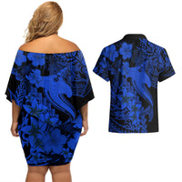 Aloha Hawaii Couples Matching Off Shoulder Short Dress and Hawaiian Shirt Hammerhead Shark Tattoo Polynesian Summer - Blue LT9 - Wonder Print Shop