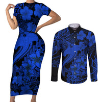 Aloha Hawaii Couples Matching Short Sleeve Bodycon Dress and Long Sleeve Button Shirts Hammerhead Shark Tattoo Polynesian Summer - Blue LT9 - Wonder Print Shop