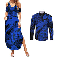 Aloha Hawaii Couples Matching Summer Maxi Dress and Long Sleeve Button Shirts Hammerhead Shark Tattoo Polynesian Summer - Blue LT9 - Wonder Print Shop