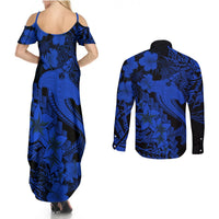 Aloha Hawaii Couples Matching Summer Maxi Dress and Long Sleeve Button Shirts Hammerhead Shark Tattoo Polynesian Summer - Blue LT9 - Wonder Print Shop