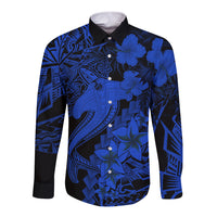 Aloha Hawaii Long Sleeve Button Shirt Hammerhead Shark Tattoo Polynesian Summer - Blue - Wonder Print Shop