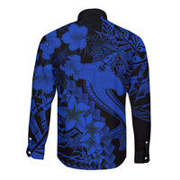 Aloha Hawaii Long Sleeve Button Shirt Hammerhead Shark Tattoo Polynesian Summer - Blue - Wonder Print Shop