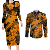 Aloha Hawaii Couples Matching Long Sleeve Bodycon Dress and Long Sleeve Button Shirts Hammerhead Shark Tattoo Polynesian Summer - Gold LT9 - Wonder Print Shop