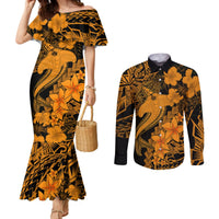 aloha-hawaii-couples-matching-mermaid-dress-and-long-sleeve-button-shirts-hammerhead-shark-tattoo-polynesian-summer-gold