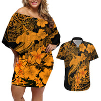 Aloha Hawaii Couples Matching Off Shoulder Short Dress and Hawaiian Shirt Hammerhead Shark Tattoo Polynesian Summer - Gold LT9 - Wonder Print Shop