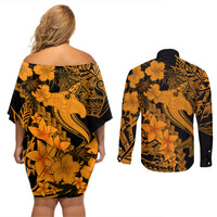 Aloha Hawaii Couples Matching Off Shoulder Short Dress and Long Sleeve Button Shirts Hammerhead Shark Tattoo Polynesian Summer - Gold LT9 - Wonder Print Shop