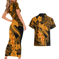 Aloha Hawaii Couples Matching Short Sleeve Bodycon Dress and Hawaiian Shirt Hammerhead Shark Tattoo Polynesian Summer - Gold LT9 - Wonder Print Shop