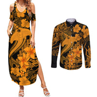 Aloha Hawaii Couples Matching Summer Maxi Dress and Long Sleeve Button Shirts Hammerhead Shark Tattoo Polynesian Summer - Gold LT9 - Wonder Print Shop