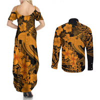 Aloha Hawaii Couples Matching Summer Maxi Dress and Long Sleeve Button Shirts Hammerhead Shark Tattoo Polynesian Summer - Gold LT9 - Wonder Print Shop