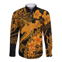 Aloha Hawaii Long Sleeve Button Shirt Hammerhead Shark Tattoo Polynesian Summer - Gold - Wonder Print Shop