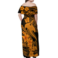 Aloha Hawaii Off Shoulder Maxi Dress Hammerhead Shark Tattoo Polynesian Summer - Gold - Wonder Print Shop