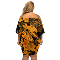 Aloha Hawaii Off Shoulder Short Dress Hammerhead Shark Tattoo Polynesian Summer - Gold - Wonder Print Shop