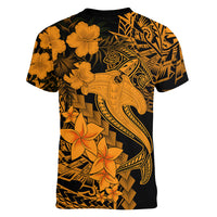 Aloha Hawaii Women V Neck T Shirt Hammerhead Shark Tattoo Polynesian Summer - Gold - Wonder Print Shop