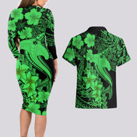 Aloha Hawaii Couples Matching Long Sleeve Bodycon Dress and Hawaiian Shirt Hammerhead Shark Tattoo Polynesian Summer - Green LT9 - Wonder Print Shop