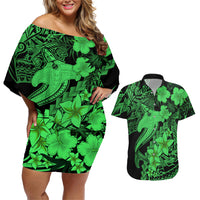Aloha Hawaii Couples Matching Off Shoulder Short Dress and Hawaiian Shirt Hammerhead Shark Tattoo Polynesian Summer - Green LT9 - Wonder Print Shop