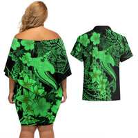 Aloha Hawaii Couples Matching Off Shoulder Short Dress and Hawaiian Shirt Hammerhead Shark Tattoo Polynesian Summer - Green LT9 - Wonder Print Shop