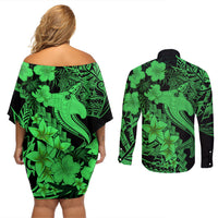 Aloha Hawaii Couples Matching Off Shoulder Short Dress and Long Sleeve Button Shirts Hammerhead Shark Tattoo Polynesian Summer - Green LT9 - Wonder Print Shop