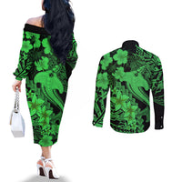 aloha-hawaii-couples-matching-off-the-shoulder-long-sleeve-dress-and-long-sleeve-button-shirts-hammerhead-shark-tattoo-polynesian-summer-green