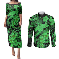 Aloha Hawaii Couples Matching Puletasi Dress and Long Sleeve Button Shirts Hammerhead Shark Tattoo Polynesian Summer - Green LT9 - Wonder Print Shop