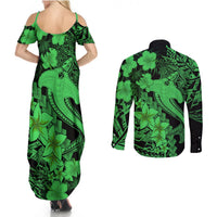 Aloha Hawaii Couples Matching Summer Maxi Dress and Long Sleeve Button Shirts Hammerhead Shark Tattoo Polynesian Summer - Green LT9 - Wonder Print Shop