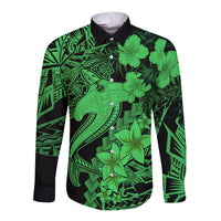 Aloha Hawaii Long Sleeve Button Shirt Hammerhead Shark Tattoo Polynesian Summer - Green - Wonder Print Shop