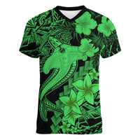 Aloha Hawaii Women V Neck T Shirt Hammerhead Shark Tattoo Polynesian Summer - Green - Wonder Print Shop