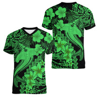 Aloha Hawaii Women V Neck T Shirt Hammerhead Shark Tattoo Polynesian Summer - Green - Wonder Print Shop