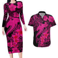 Aloha Hawaii Couples Matching Long Sleeve Bodycon Dress and Hawaiian Shirt Hammerhead Shark Tattoo Polynesian Summer - Pink LT9 - Wonder Print Shop
