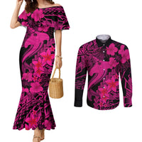 aloha-hawaii-couples-matching-mermaid-dress-and-long-sleeve-button-shirts-hammerhead-shark-tattoo-polynesian-summer-pink