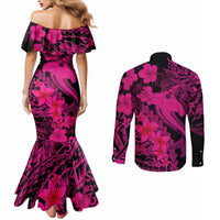 aloha-hawaii-couples-matching-mermaid-dress-and-long-sleeve-button-shirts-hammerhead-shark-tattoo-polynesian-summer-pink