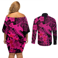 Aloha Hawaii Couples Matching Off Shoulder Short Dress and Long Sleeve Button Shirts Hammerhead Shark Tattoo Polynesian Summer - Pink LT9 - Wonder Print Shop