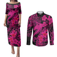 Aloha Hawaii Couples Matching Puletasi Dress and Long Sleeve Button Shirts Hammerhead Shark Tattoo Polynesian Summer - Pink LT9 - Wonder Print Shop