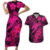 Aloha Hawaii Couples Matching Short Sleeve Bodycon Dress and Hawaiian Shirt Hammerhead Shark Tattoo Polynesian Summer - Pink LT9 - Wonder Print Shop