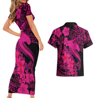 Aloha Hawaii Couples Matching Short Sleeve Bodycon Dress and Hawaiian Shirt Hammerhead Shark Tattoo Polynesian Summer - Pink LT9 - Wonder Print Shop