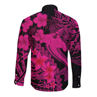 Aloha Hawaii Long Sleeve Button Shirt Hammerhead Shark Tattoo Polynesian Summer - Pink - Wonder Print Shop