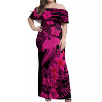 Aloha Hawaii Off Shoulder Maxi Dress Hammerhead Shark Tattoo Polynesian Summer - Pink - Wonder Print Shop