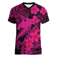 Aloha Hawaii Women V Neck T Shirt Hammerhead Shark Tattoo Polynesian Summer - Pink - Wonder Print Shop