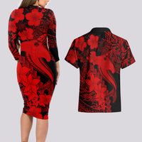 Aloha Hawaii Couples Matching Long Sleeve Bodycon Dress and Hawaiian Shirt Hammerhead Shark Tattoo Polynesian Summer - Red LT9 - Wonder Print Shop