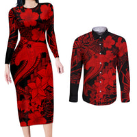 Aloha Hawaii Couples Matching Long Sleeve Bodycon Dress and Long Sleeve Button Shirts Hammerhead Shark Tattoo Polynesian Summer - Red LT9 - Wonder Print Shop