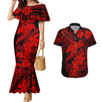 Aloha Hawaii Couples Matching Mermaid Dress And Hawaiian Shirt Hammerhead Shark Tattoo Polynesian Summer - Red LT9 - Wonder Print Shop