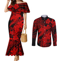 aloha-hawaii-couples-matching-mermaid-dress-and-long-sleeve-button-shirts-hammerhead-shark-tattoo-polynesian-summer-red