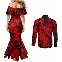 aloha-hawaii-couples-matching-mermaid-dress-and-long-sleeve-button-shirts-hammerhead-shark-tattoo-polynesian-summer-red