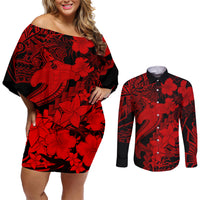 Aloha Hawaii Couples Matching Off Shoulder Short Dress and Long Sleeve Button Shirts Hammerhead Shark Tattoo Polynesian Summer - Red LT9 - Wonder Print Shop