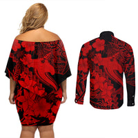 Aloha Hawaii Couples Matching Off Shoulder Short Dress and Long Sleeve Button Shirts Hammerhead Shark Tattoo Polynesian Summer - Red LT9 - Wonder Print Shop