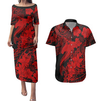 Aloha Hawaii Couples Matching Puletasi Dress and Hawaiian Shirt Hammerhead Shark Tattoo Polynesian Summer - Red LT9 - Wonder Print Shop