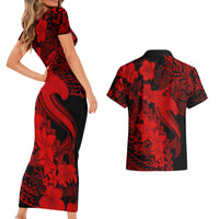 Aloha Hawaii Couples Matching Short Sleeve Bodycon Dress and Hawaiian Shirt Hammerhead Shark Tattoo Polynesian Summer - Red LT9 - Wonder Print Shop