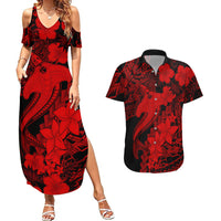 Aloha Hawaii Couples Matching Summer Maxi Dress and Hawaiian Shirt Hammerhead Shark Tattoo Polynesian Summer - Red LT9 - Wonder Print Shop