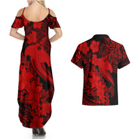 Aloha Hawaii Couples Matching Summer Maxi Dress and Hawaiian Shirt Hammerhead Shark Tattoo Polynesian Summer - Red LT9 - Wonder Print Shop