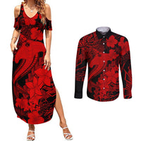 Aloha Hawaii Couples Matching Summer Maxi Dress and Long Sleeve Button Shirts Hammerhead Shark Tattoo Polynesian Summer - Red LT9 - Wonder Print Shop
